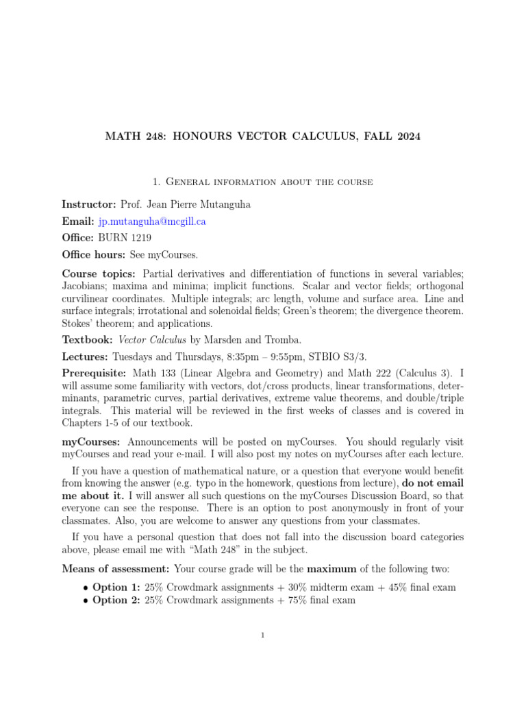 Math 248: Honours Vector Calculus Syllabus | PDF | Derivative | Integral
