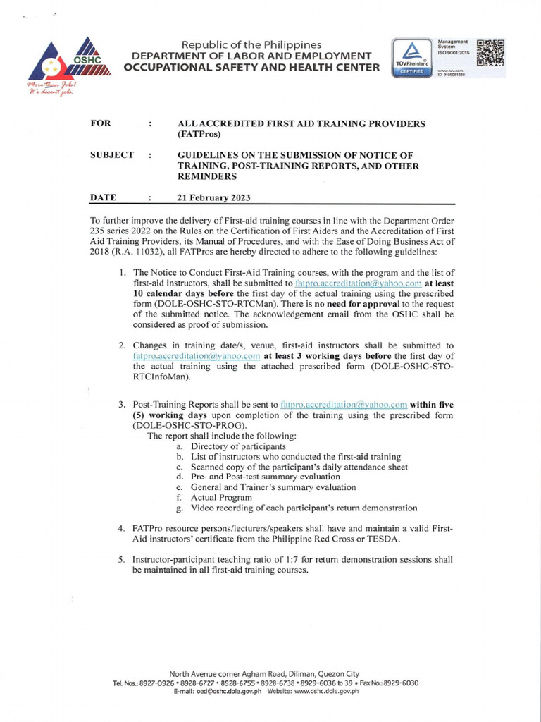 MEMORANDUM FATPro Guidelines On The Submission of Notice of Training ...