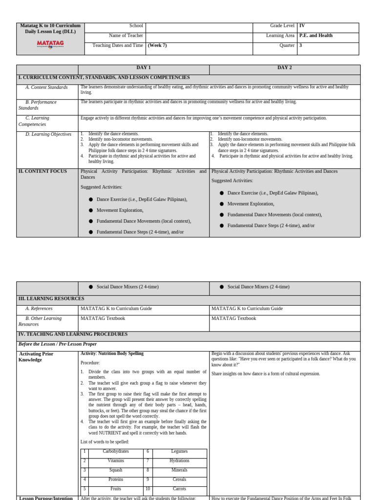 Grade IV P.E. Lesson Plan: Dance & Health | PDF | Dances | Physical ...