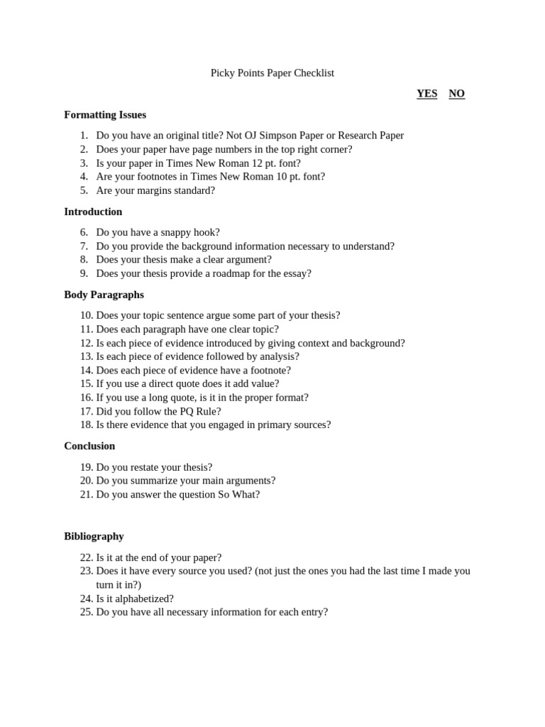 Picky Points Paper Checklist | PDF