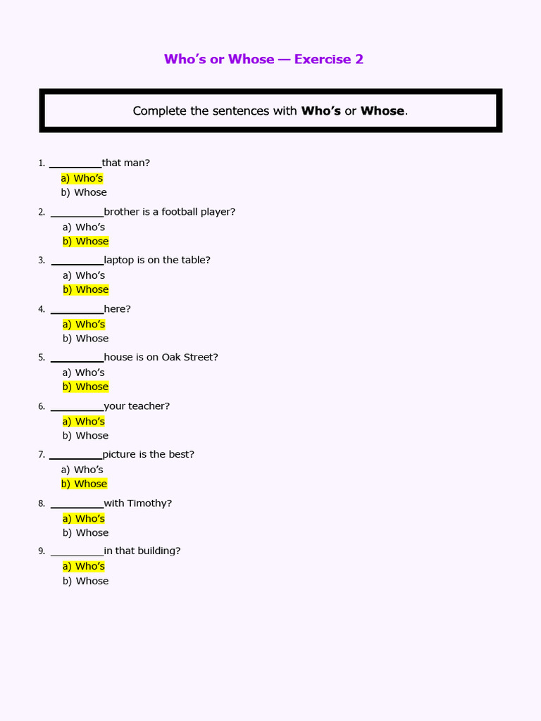 Whos whose exercise asnwer key 1 pdf