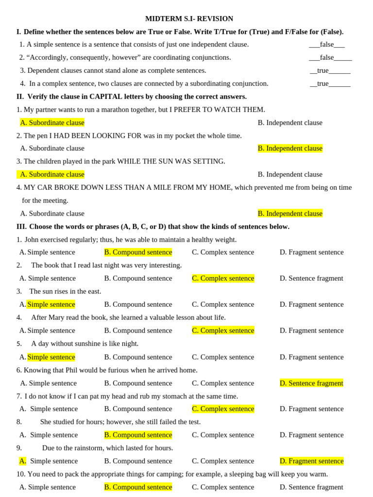 Midterm Sentence Structure Revision Guide | PDF | Language Mechanics ...