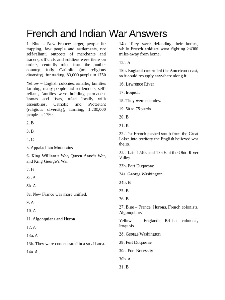 French and Indian War Worksheet Answers | PDF | New France | French And ...