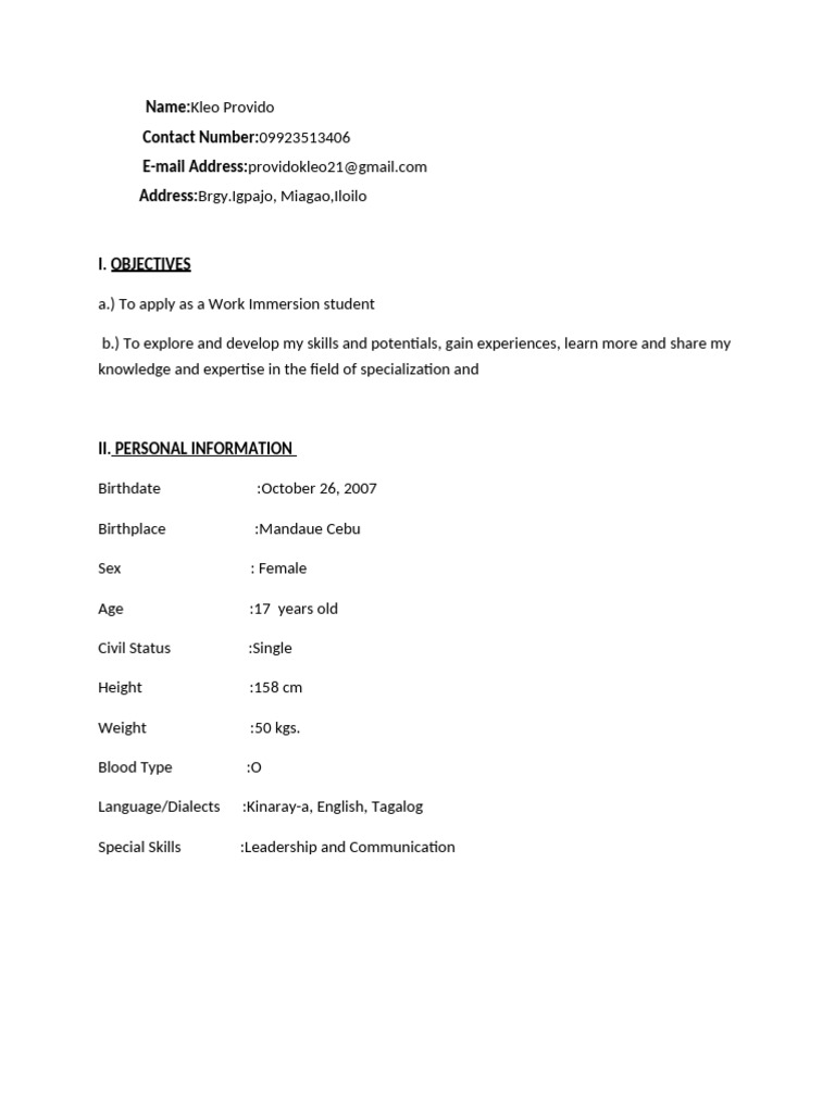Work Immersion Application of Kleo Provido | PDF | Learning