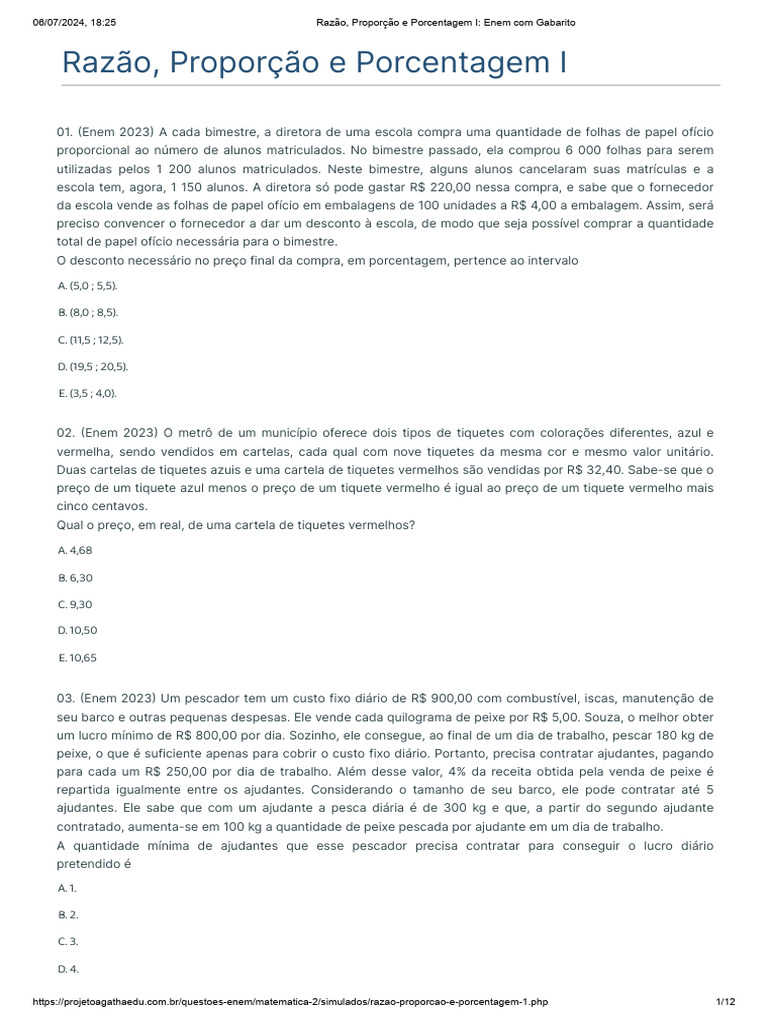 Razão, Proporção e Porcentagem I - Enem Com Gabarito | PDF ...