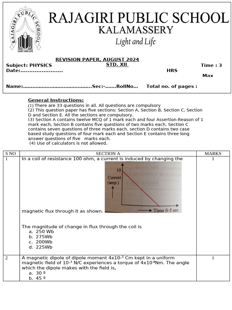 Physics Revision Paper for Class XII | PDF | P–N Junction | Inductor