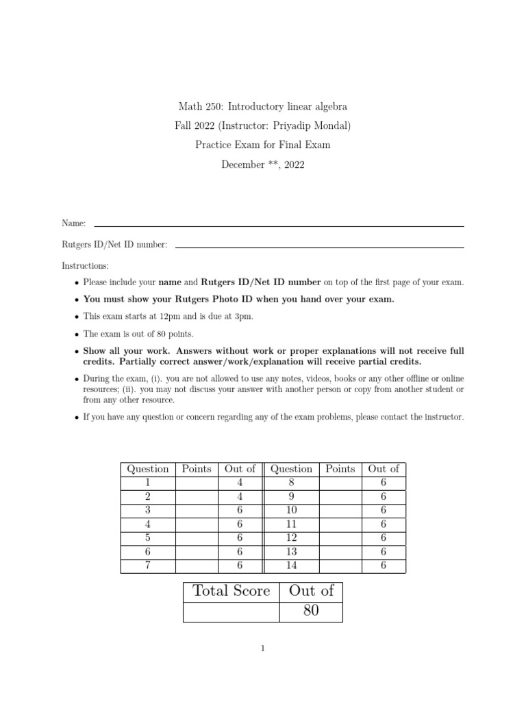 Solution - Practice Exam - Final - Math 250 | PDF | Matrix (Mathematics ...