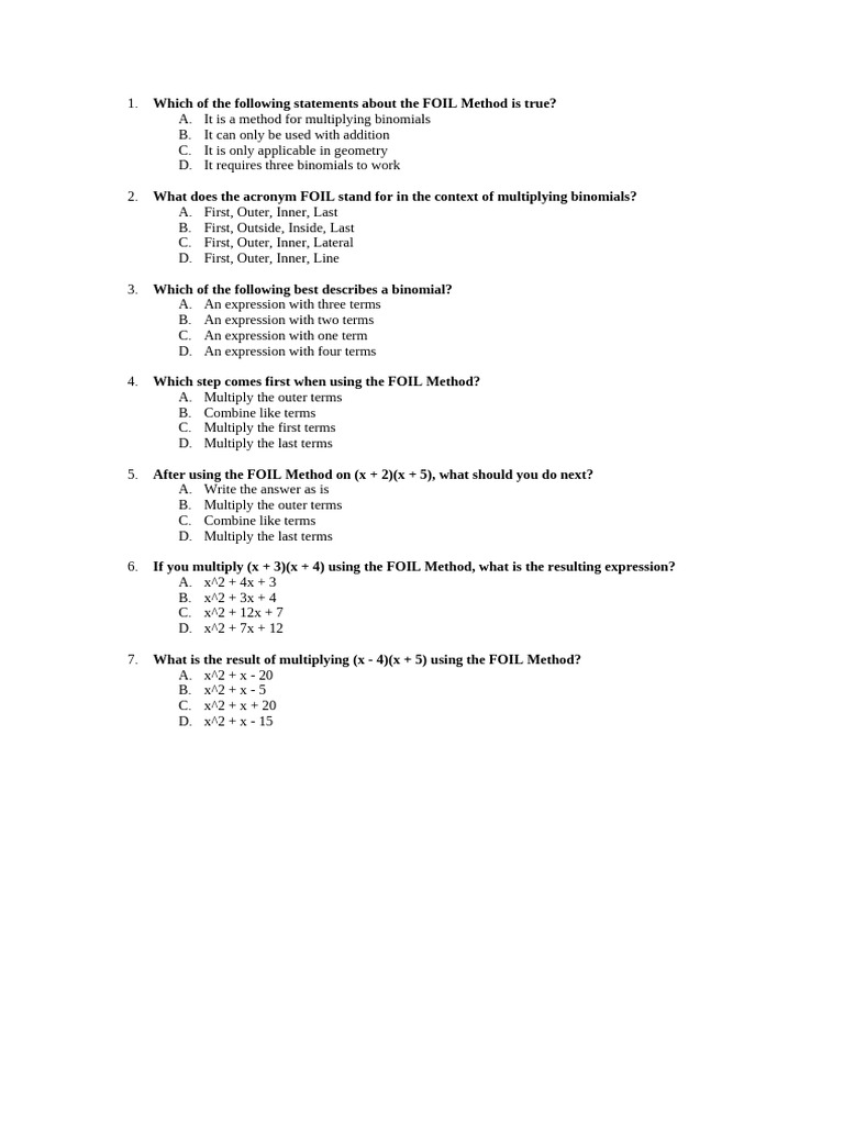 FOIL Method Practice Questions PDF | PDF