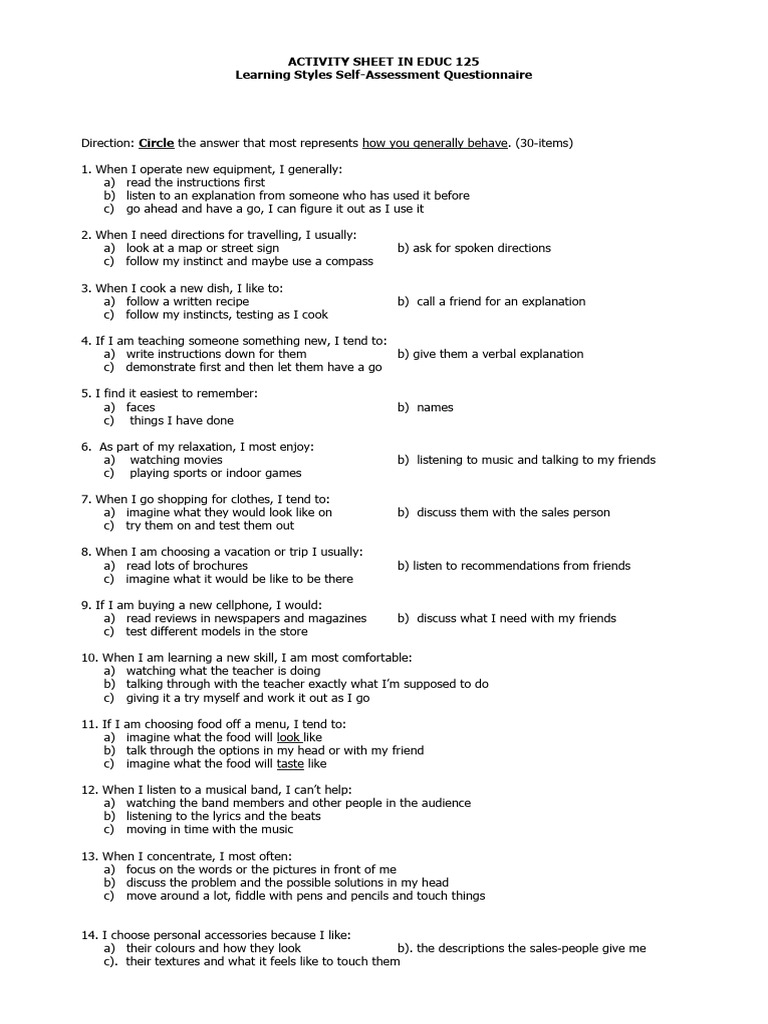 Learning Styles Self-Assessment Tool | PDF