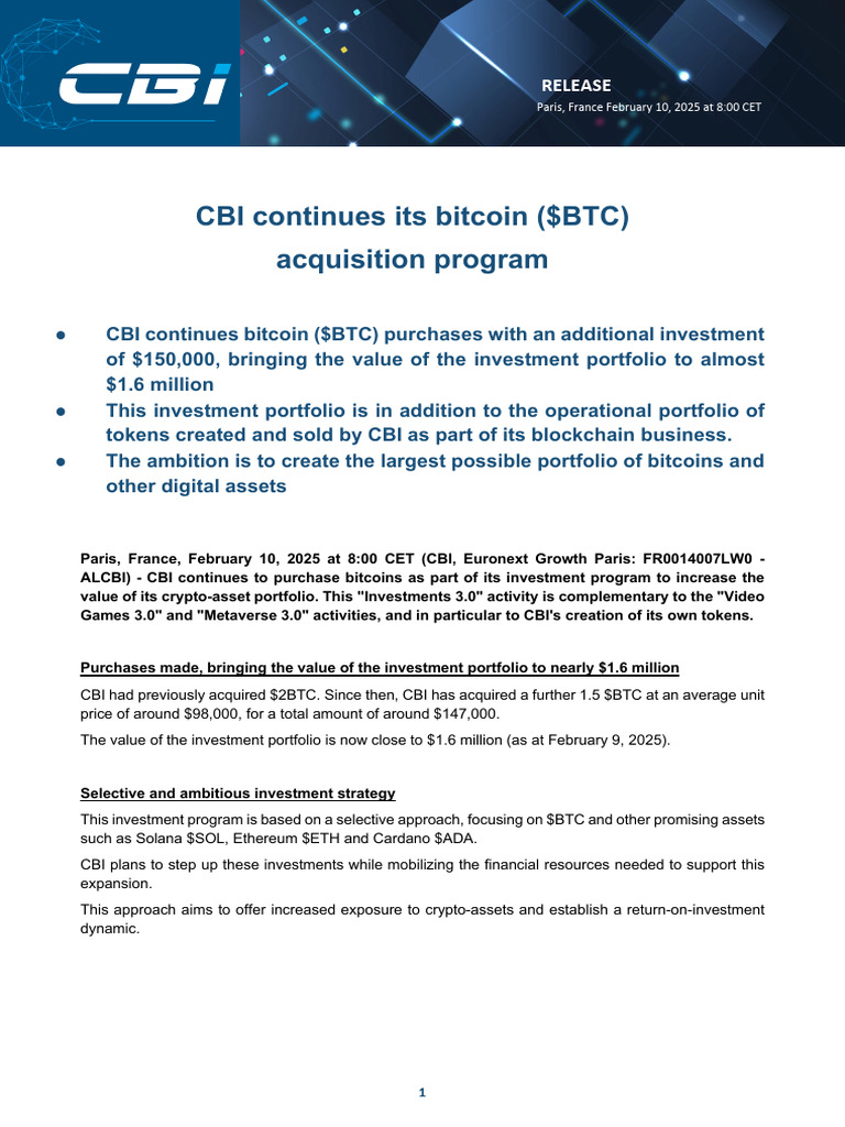 2025 02 10 Cbi Continuation of BTC Acquisition Program 1 | PDF ...