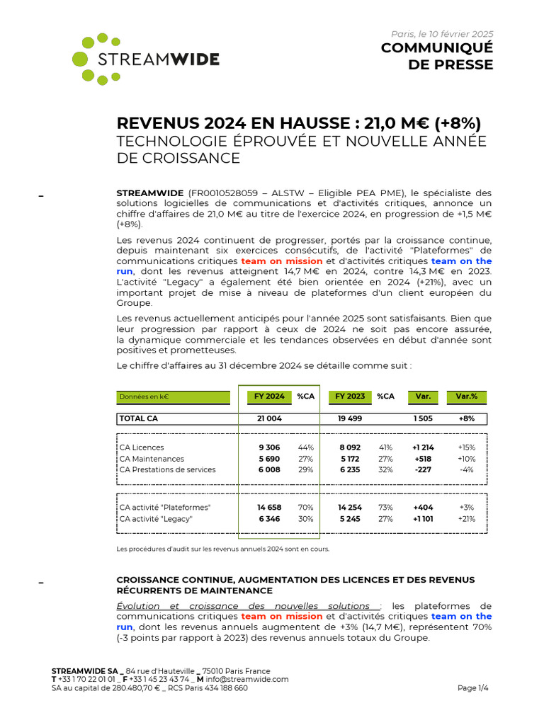 Revenus 2024 en hausse de 8% pour Streamwide | PDF | Paris