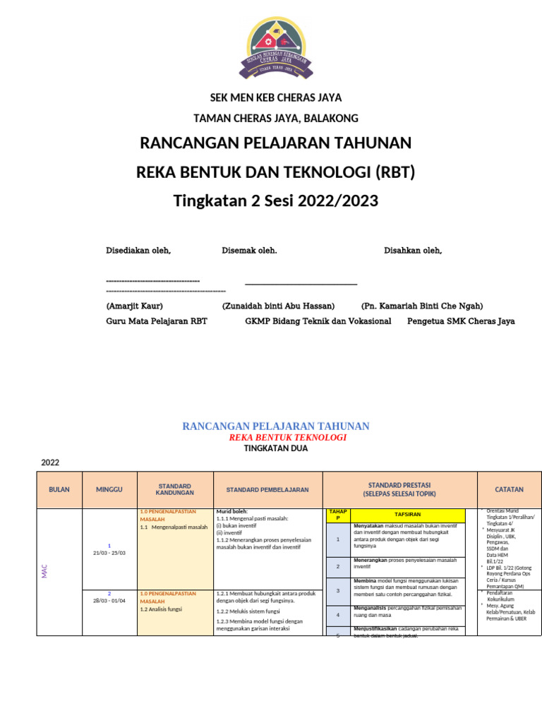 Rancangan Pelajaran RBT Tingkatan 2 | PDF