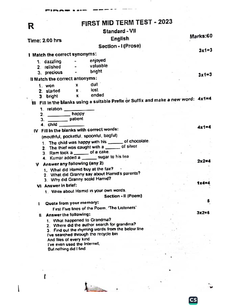 7th English 1st Mid Term Exam 2023 Original Question Paper Ranipet ...