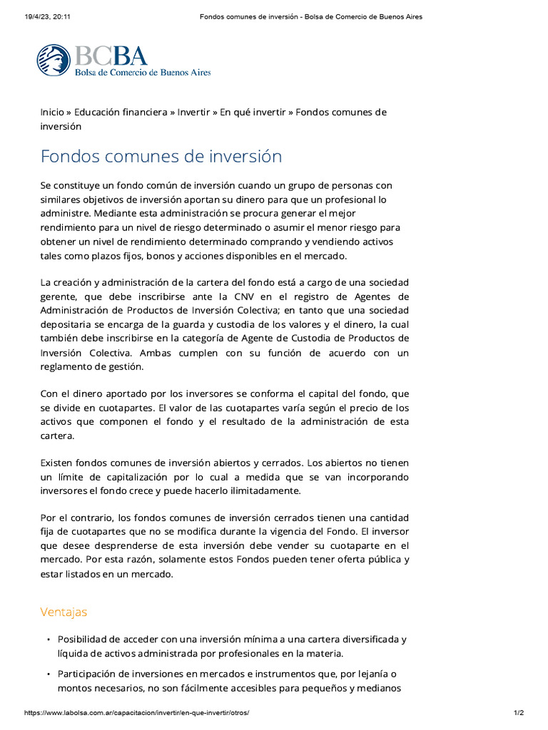Fondos Comunes de Inversión - Bolsa de Comercio de Buenos Aires | PDF ...