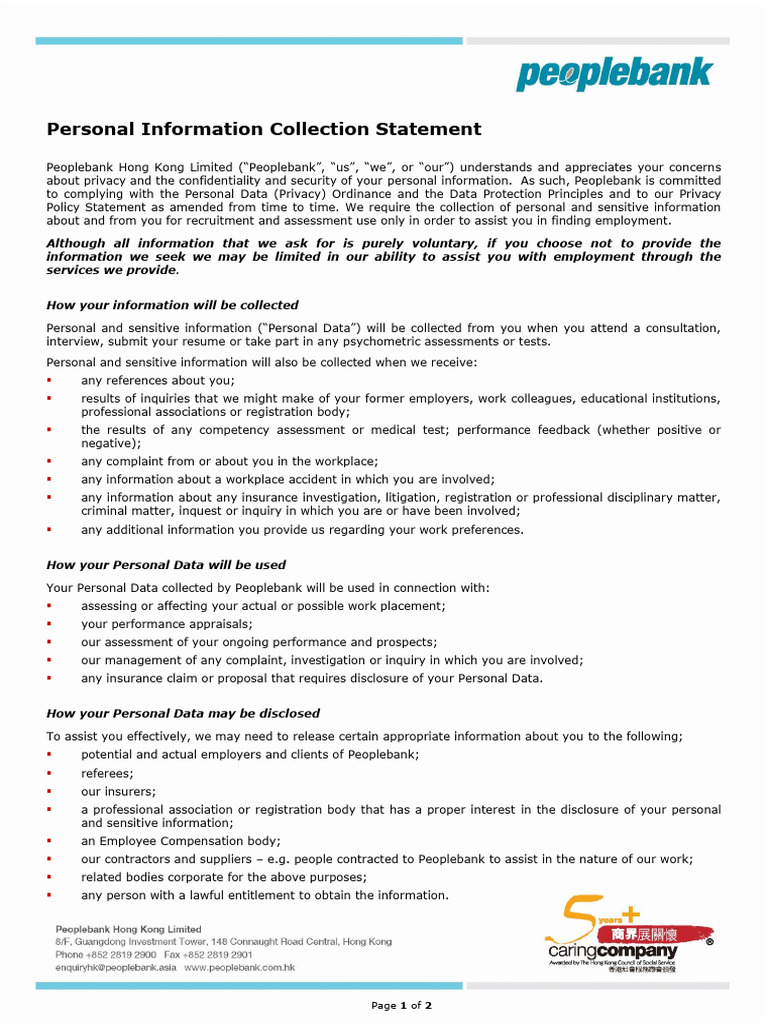 Personal Data Collection Statement | PDF | Information Sensitivity ...