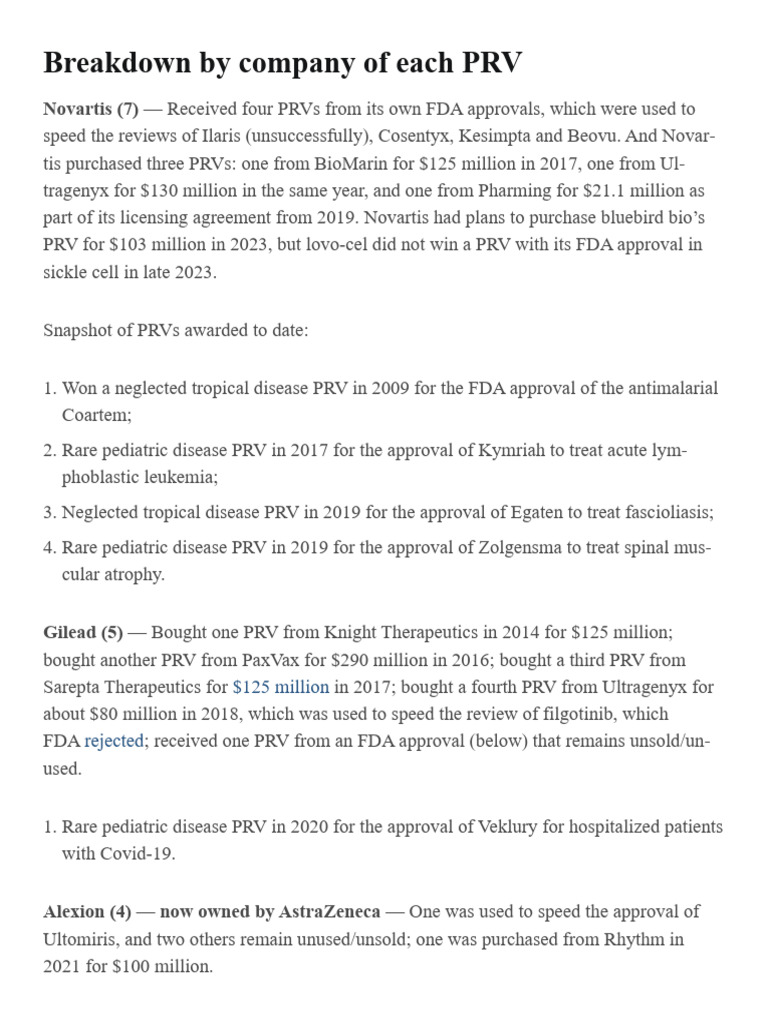 Company Breakdown of Priority Review Vouchers | PDF | Drugs | Pharmacology