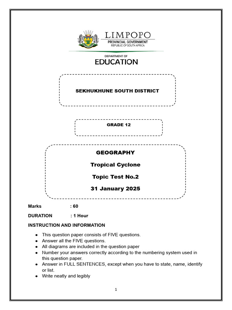 Grade 12 Geography Tropical Cyclone Test | PDF | Tropical Cyclones ...