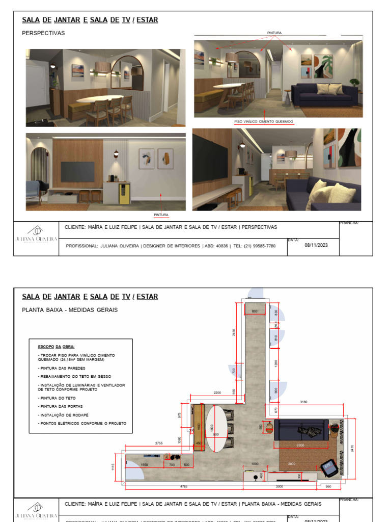 Projeto de Interiores: Sala de Jantar e TV | PDF | Esboço | Artes ...