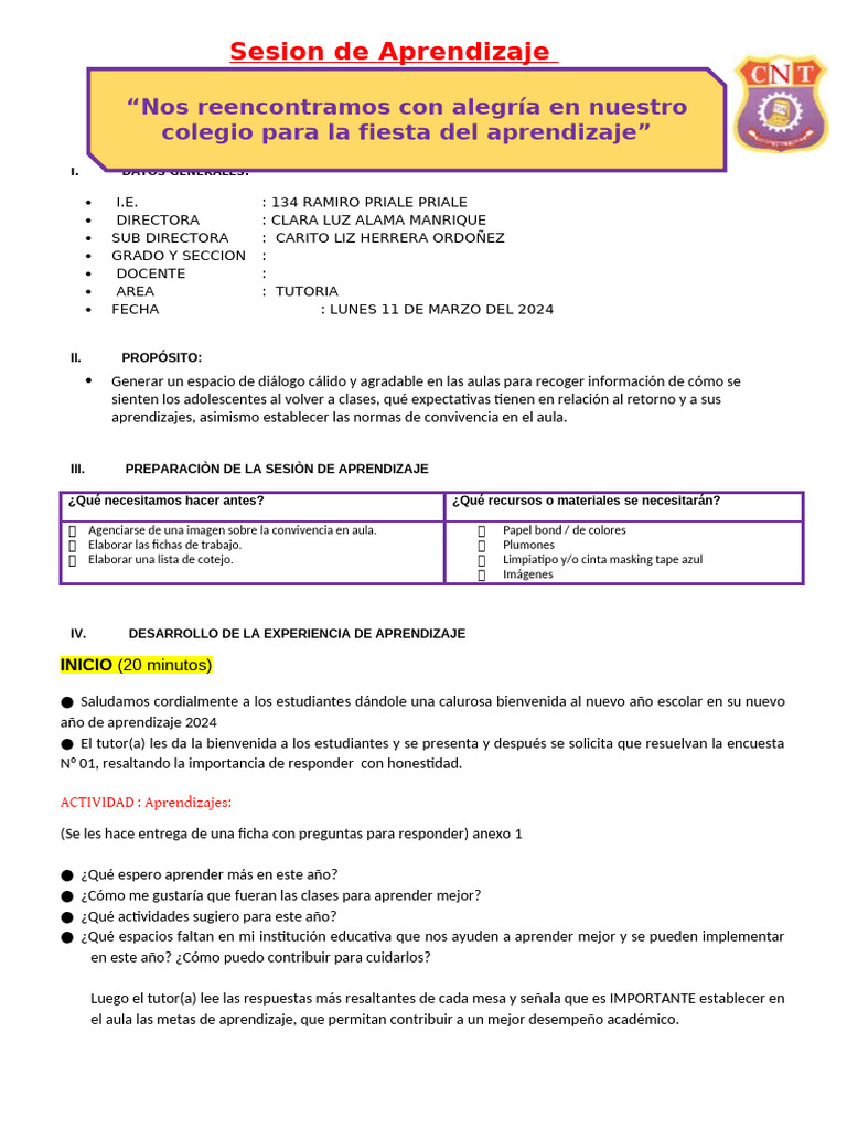Sesión Buen Inicio Escolar 2024 | PDF | Salón de clases