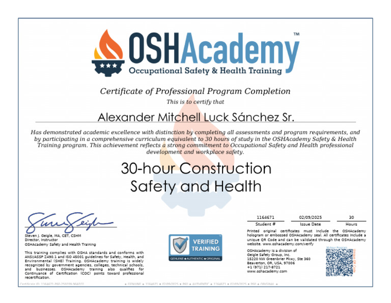 OSHA 30-Hour Safety Training Certificate | PDF | Occupational Safety ...