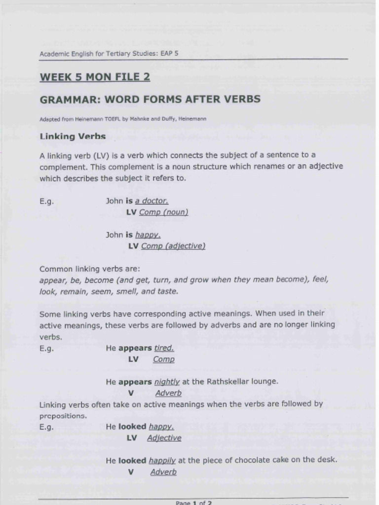 EAP5 Week 5 Mon F2 - Grammar Word Forms After Verbs | PDF