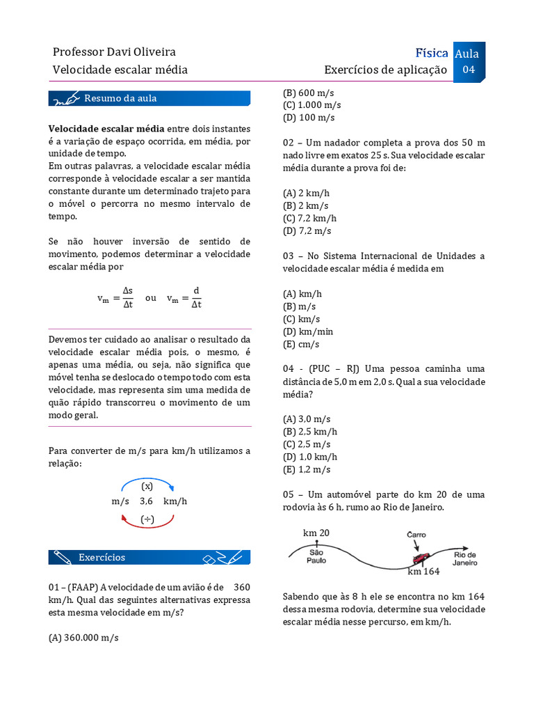 Exercícios de Velocidade Escalar Média | PDF | Velocidade | Velocidade