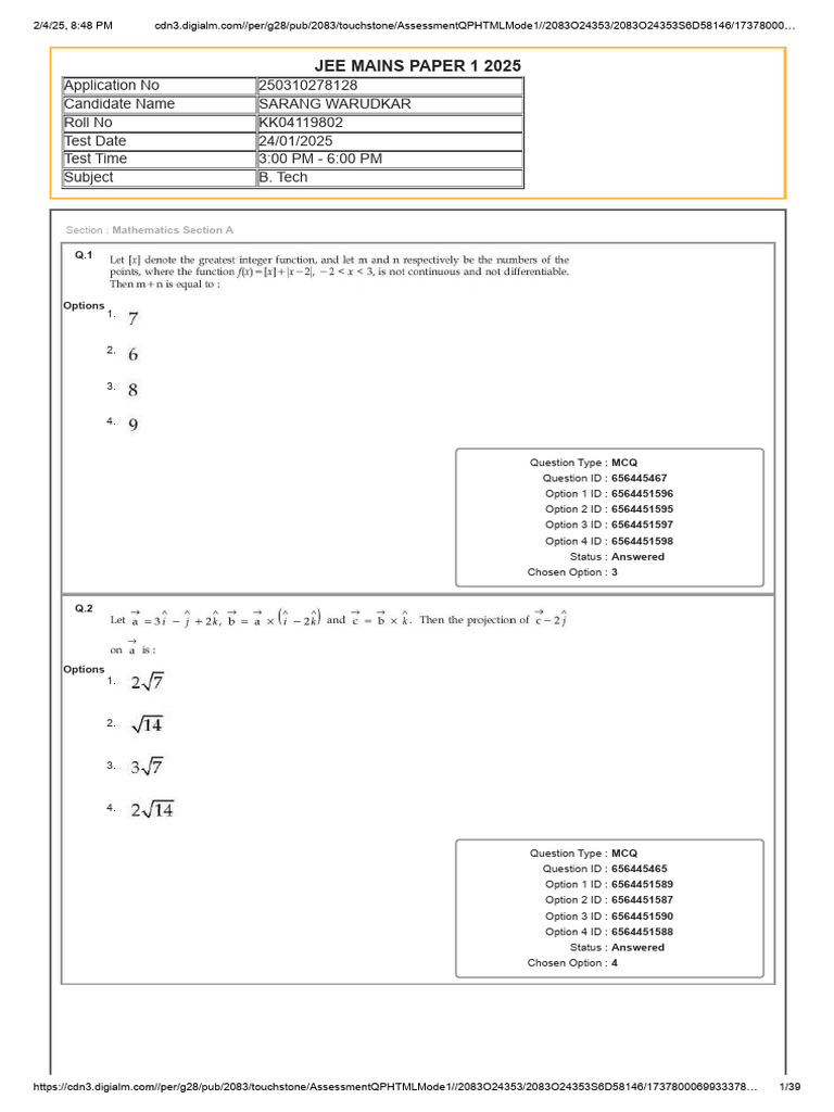JEE Mains 2025 Mathematics Assessment | PDF | Multiple Choice | Student ...