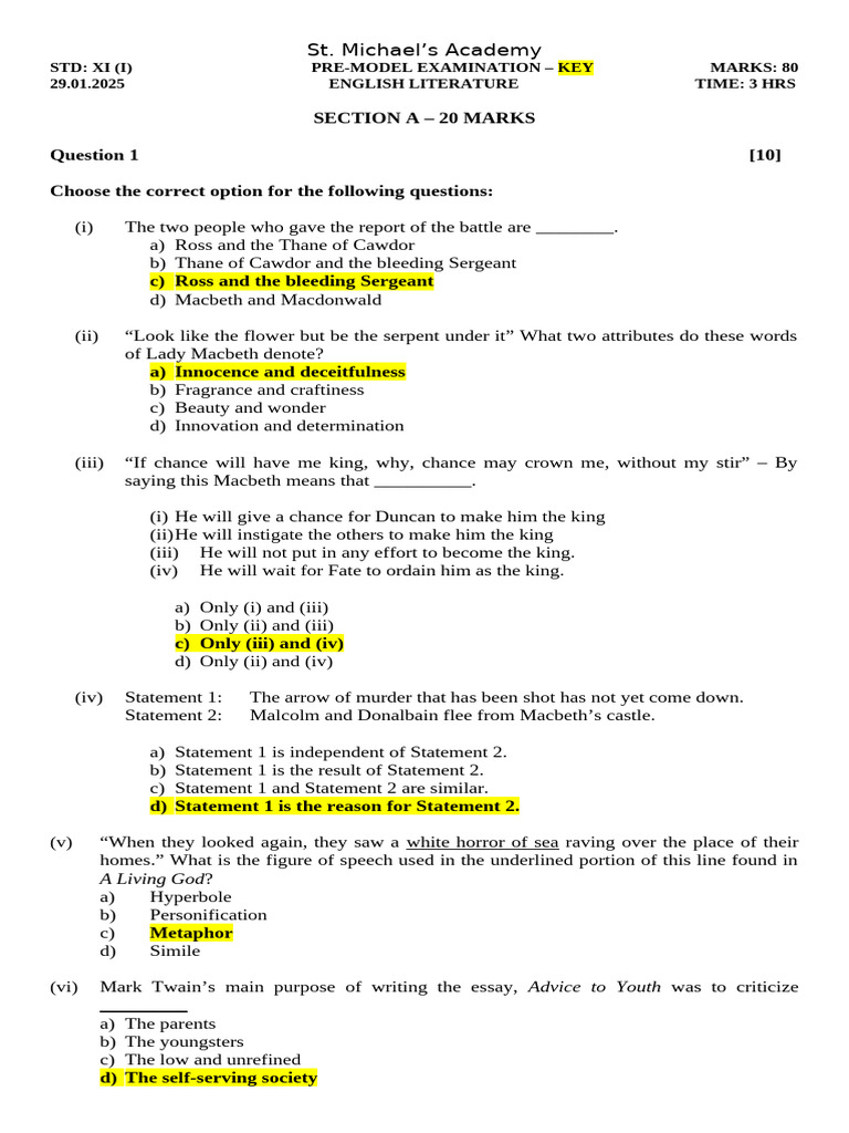 Xi Isc English Lit Premodel Key | PDF | Macbeth