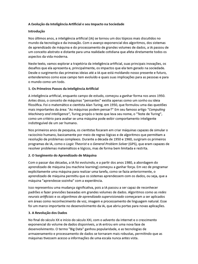 Impacto da Inteligência Artificial na Sociedade | PDF | Inteligência ...