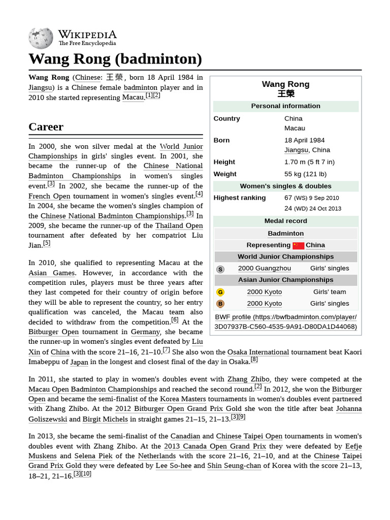 Wang Rong: Badminton Career Overview | PDF