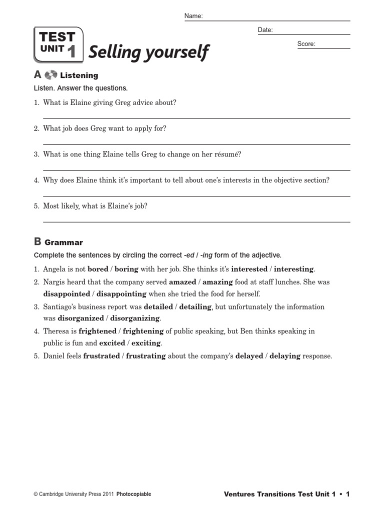 Transitions Tests All Units | PDF | Employment | Interview