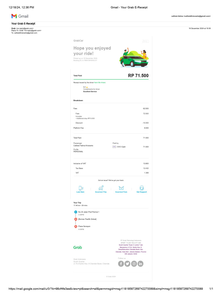 GrabCar E-Receipt for Your Trip | PDF