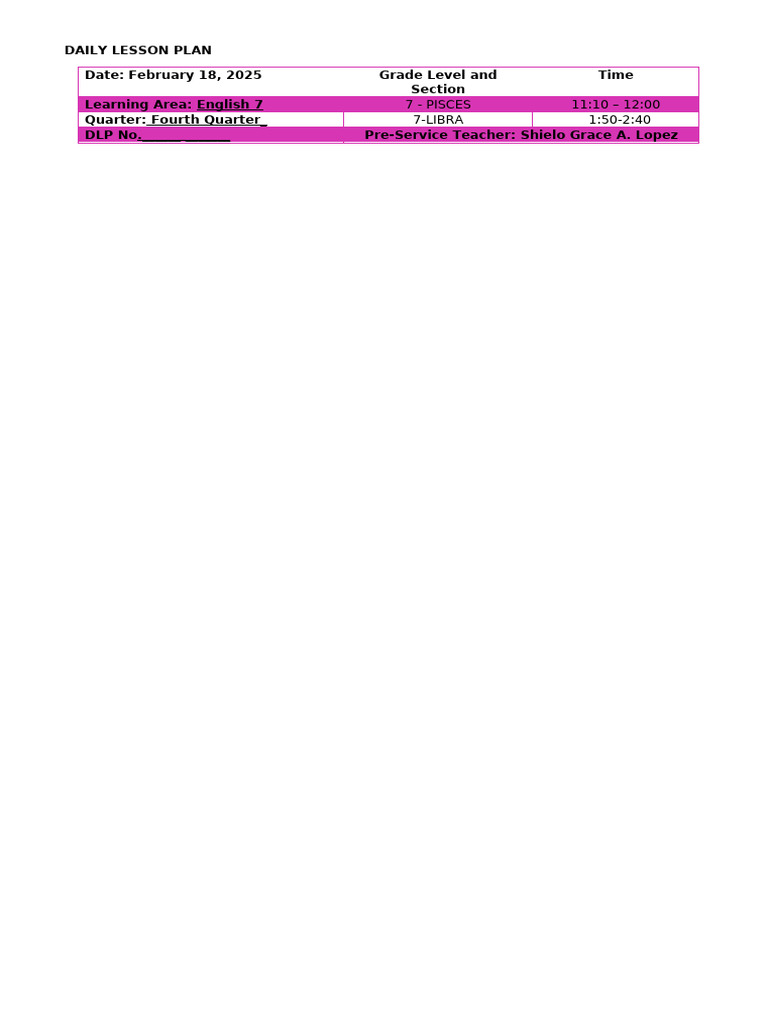 Daily Lesson Plan for English 7 | PDF | Learning | Human Communication