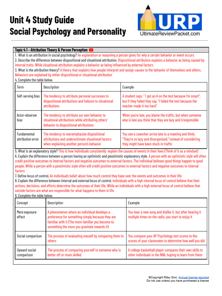Unit 4 Study Guide - Social Psychology and Personality Answer Key | PDF ...