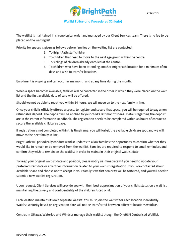 BrightPath Ontario Waitlist Policy | PDF | Child Care