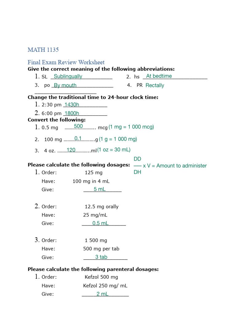 Math Pharm Final Review | PDF | Chemistry | Dose (Biochemistry)