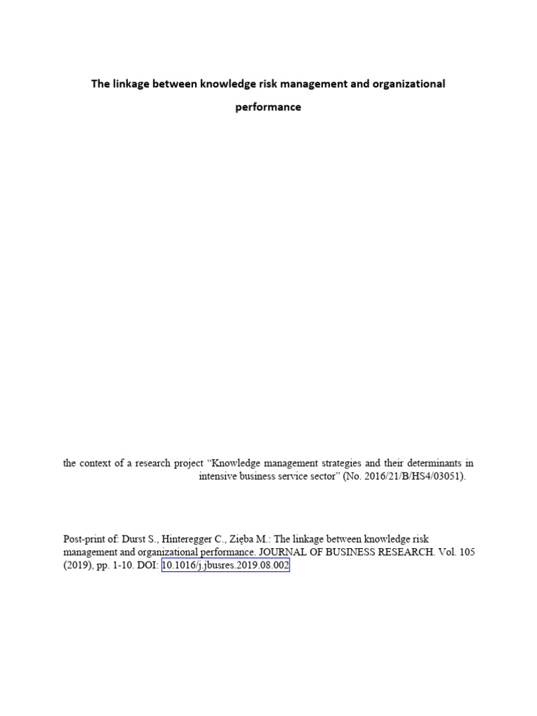 Knowledge Risk Management Impact on Performance | PDF | Risk | Risk ...