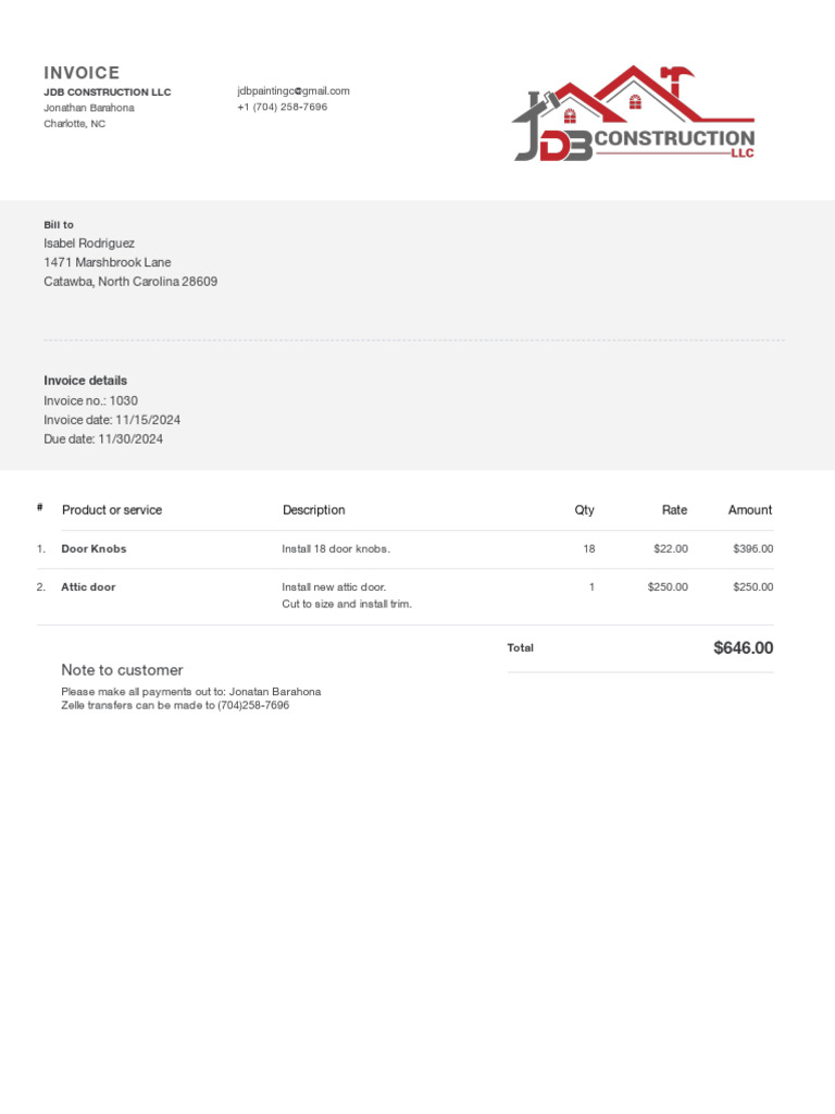 JDB Construction Invoice #1030 | PDF