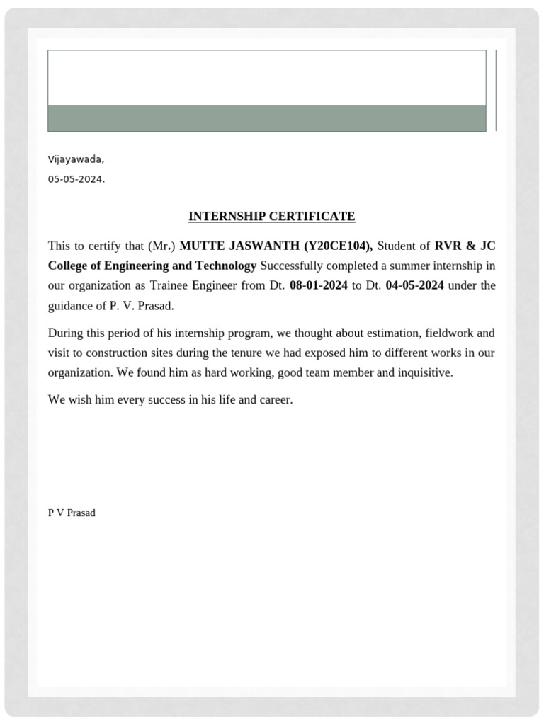Internship Certificate for Trainee Engineer | PDF