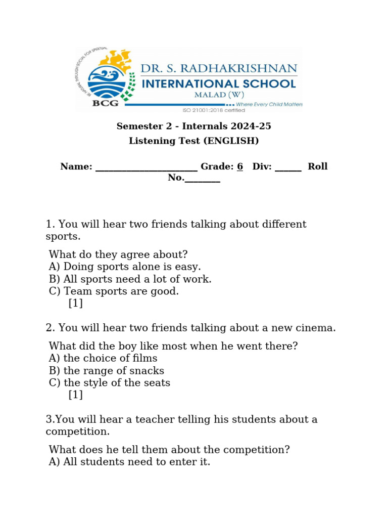 Listening Test Grade 6 Final Pdf