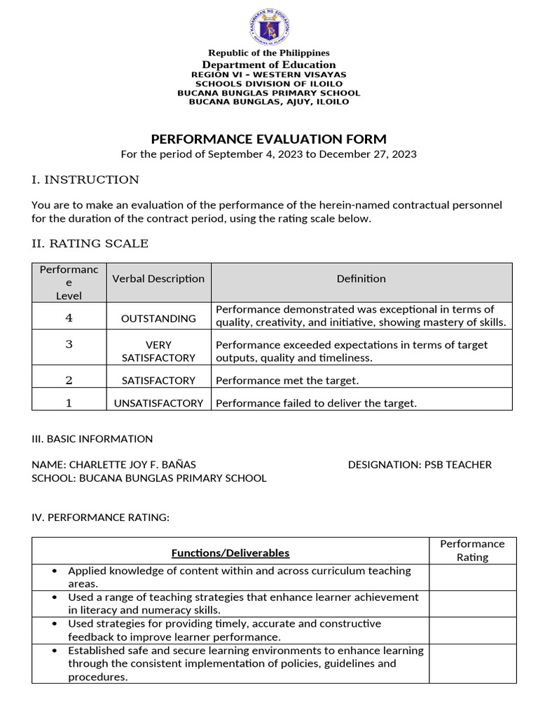Performance Evaluation Form for Teachers | PDF | Learning | Education ...