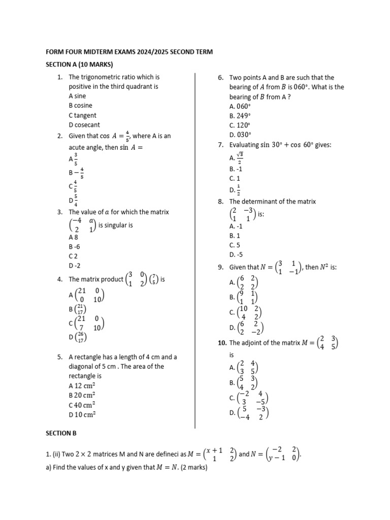 Form Four Midterm Exams 2024/2025 | PDF | Trigonometric Functions ...