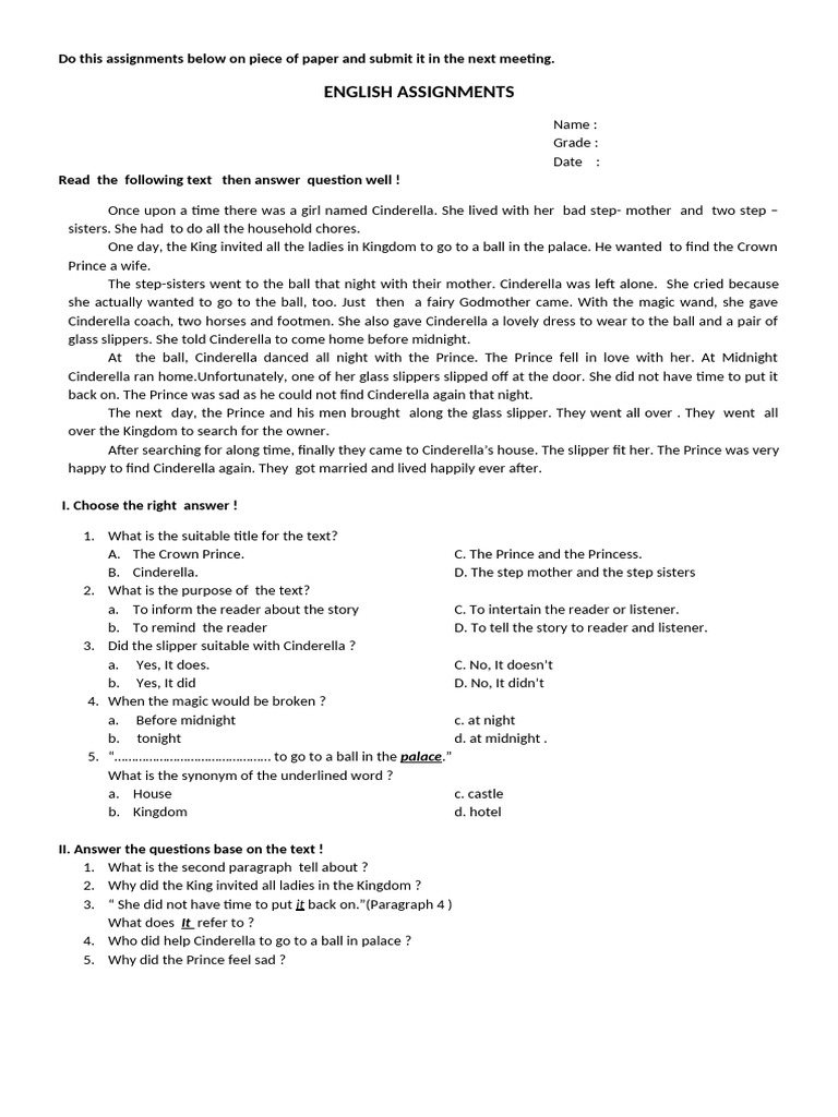 Cinderella Story Assignment Questions | PDF | Cinderella | Fairy Tales