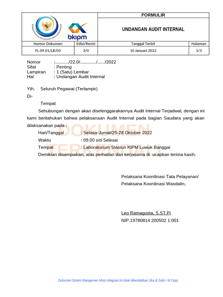 FL.09.01 LB 03 Undangan Audit Internal | PDF