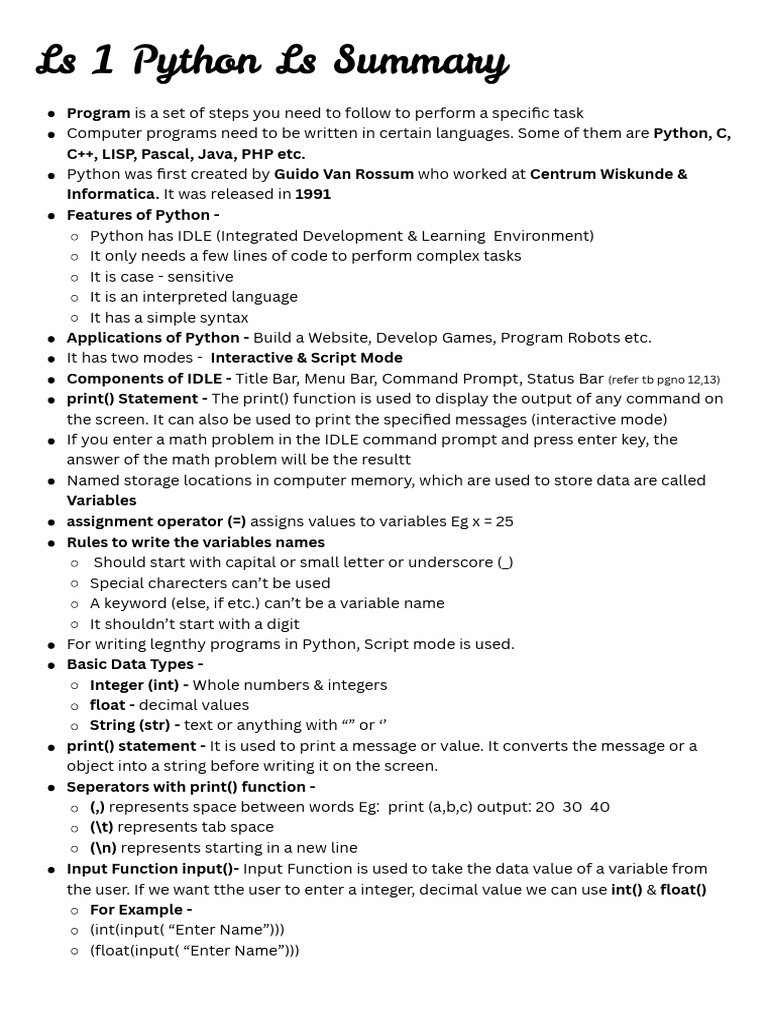 Ls 1 Python Ls Summary | PDF | Python (Programming Language) | Anode