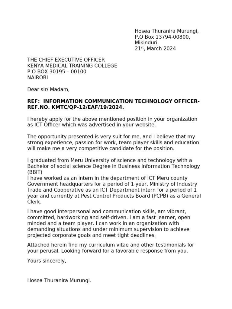 ICT Officer Application - KMTC | PDF