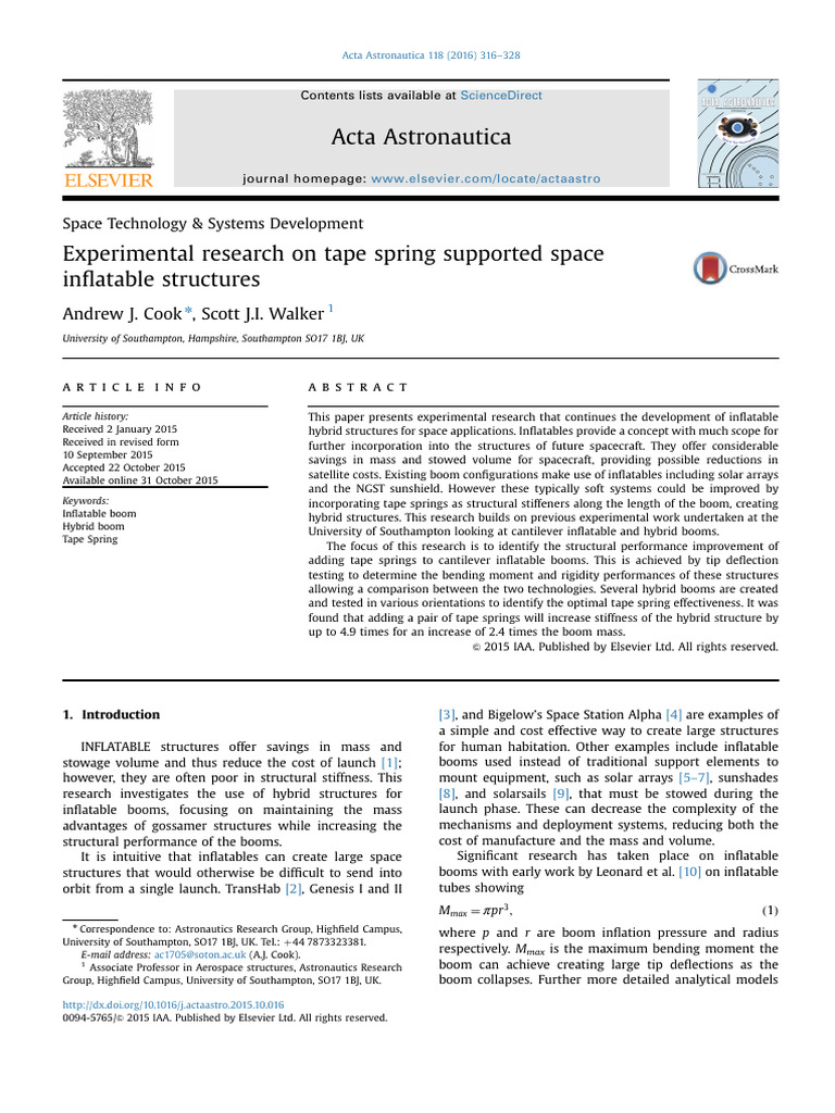Experimental Research On Tape Spring Supported Space Inflatable ...