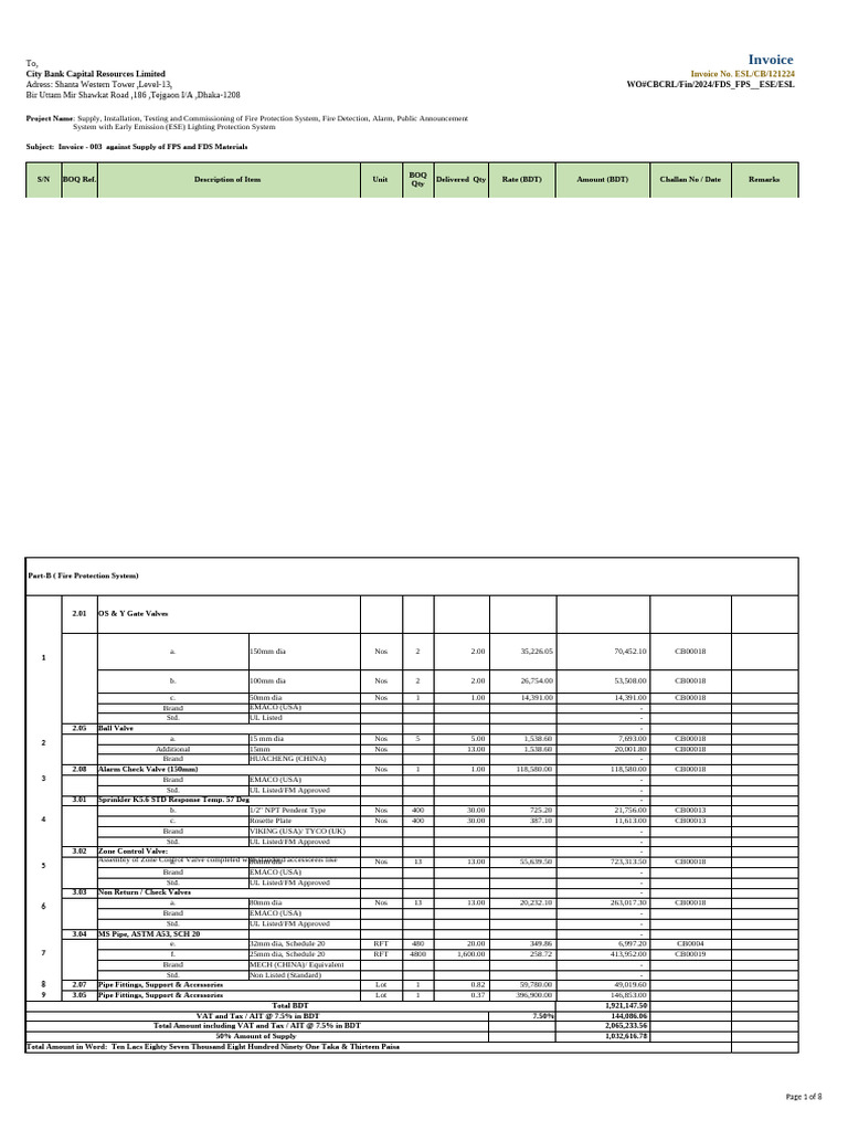 Invoice for Fire Protection System Supplies | PDF | Equipment
