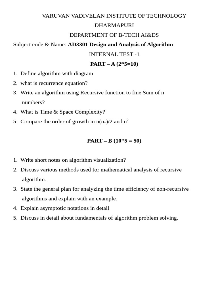 Design and Analysis of Algorithms Test | PDF | Recurrence Relation ...