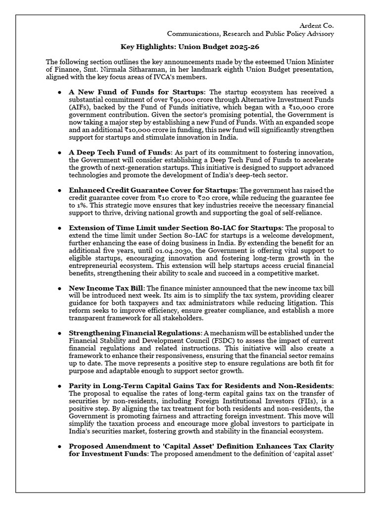 Union Budget 2025-26 Key Highlights | PDF | Taxes | Capital Gains Tax ...